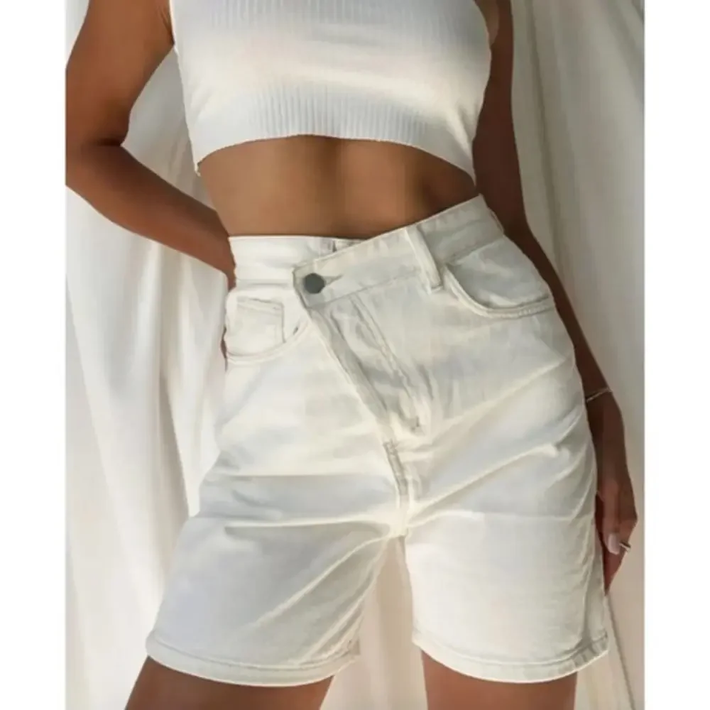 NWT‎ 12th Tribe bone off white ivory asymmetric crisscross Dylan denim shorts